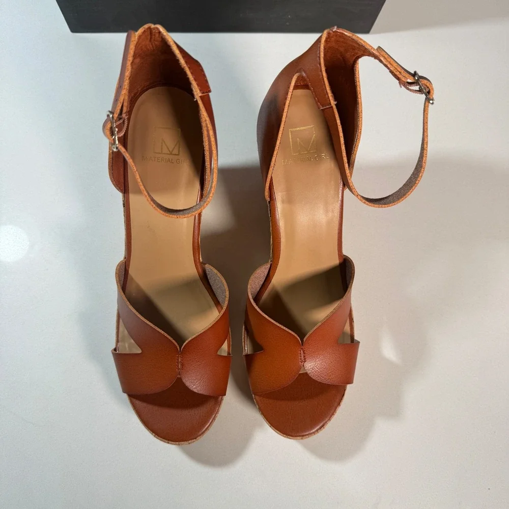 Material Girl Wedge Sandals Brown Cork Ankle Strap. Size 10.5